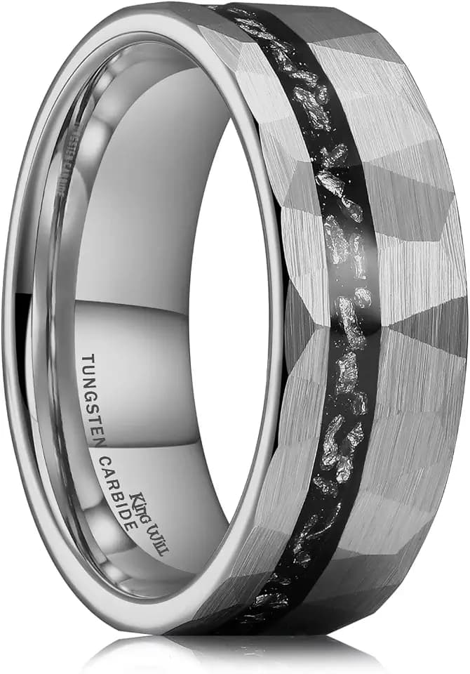 King Will Tungsten Wedding Band Opal Inlay for Men Black Hammered