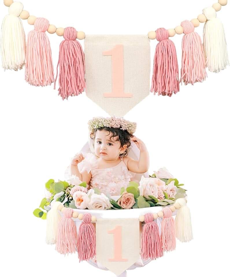 Handmade Boho 1st Birthday High Chair Banner Party Decoration For Girl Baby Shower Pink Wall Hangings Decorative For Kids Bedroom