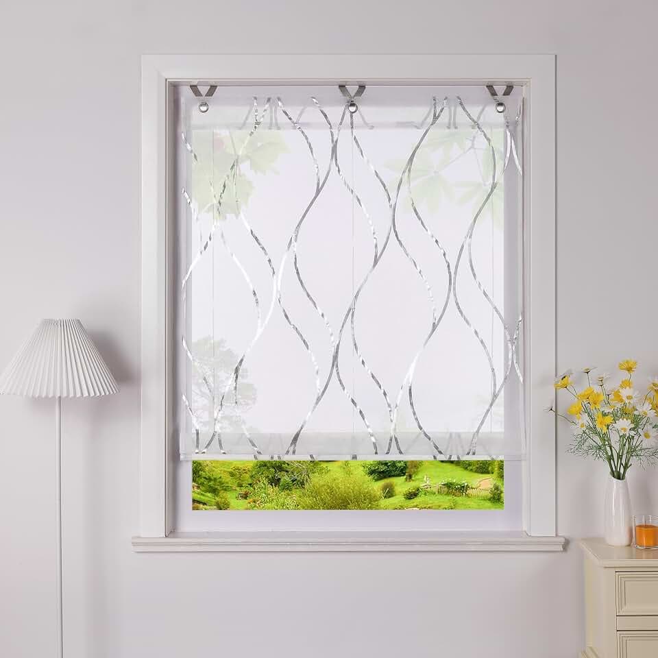 Heichkell Raffrollo mit Hakenaufhängung Ösen Raffgardine mit Foliendruck Transparent Küche Raffgardine Modern Wellen Druckmuster Rollos ohne Bohren Kleinfenster Vorhang Silber BxH 80x130 cm