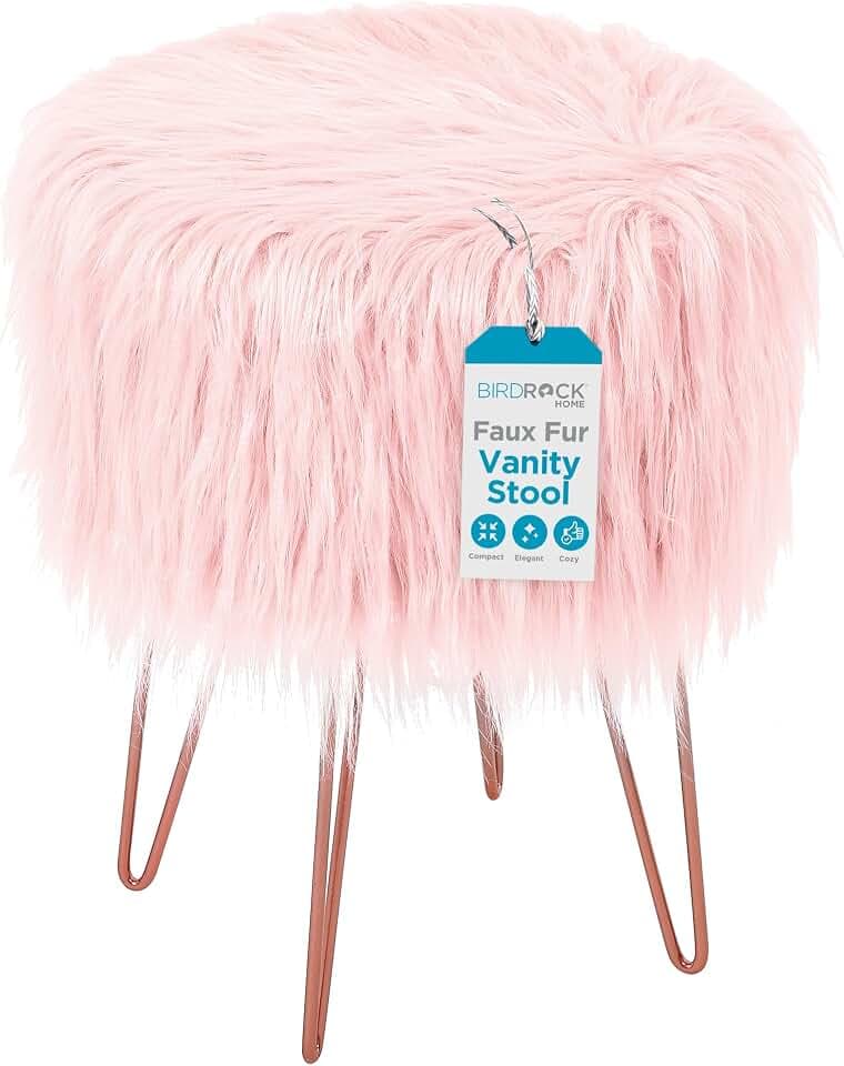 BIRDROCK HOME Pink Faux Fur Vanity Stool Chair - Soft Furry Compact Padded Seat - Vanity, Living Room, Bedroom and Kids Room Chairs - Hair Pin Metal Legs Upholstered Decorative Furniture Foot Rest