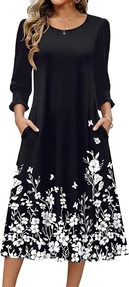 Zeagoo Summer Dresses for Women 2026 3/4 Sleeve Dress for Women Floral Midi Dresses for Casual Womens Dresses with Pockets