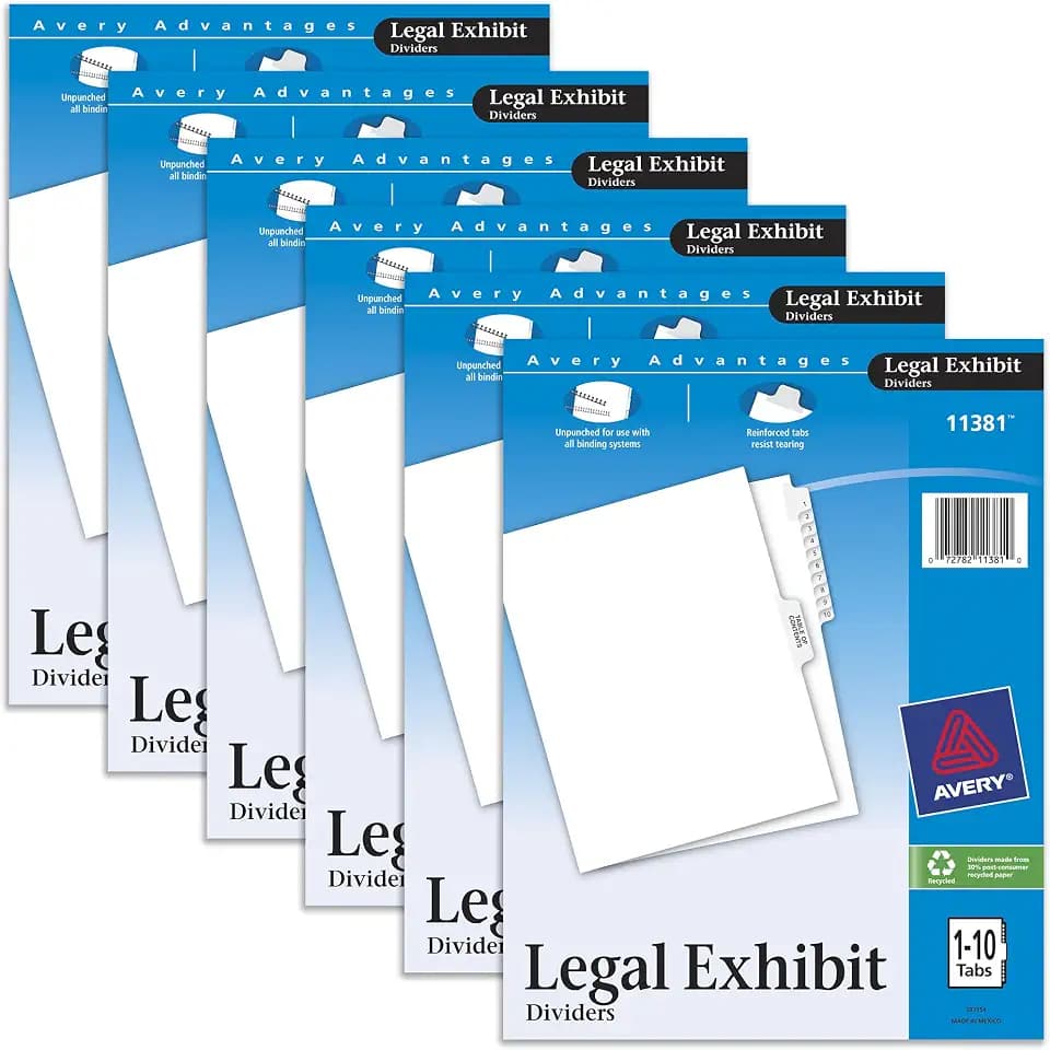 Avery® Legal Exhibit Dividers, Side Tab, 1-10 & TOC, White, 6 Sets