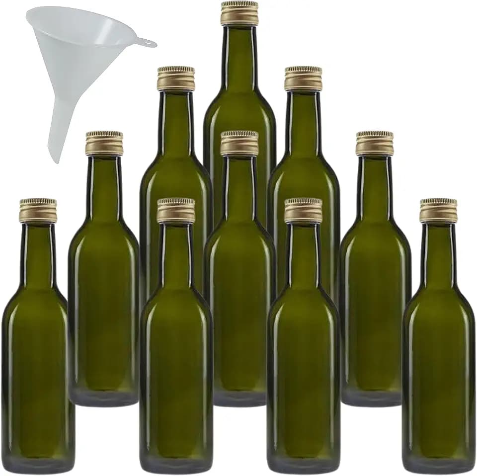 10 x grüne Glasflasche 250 ml, Ölflasche mit Schraubverschluss inkl Trichter