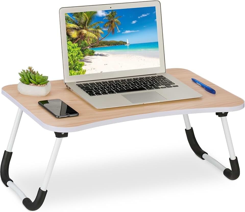 Relaxdays Laptoptisch für Bett & Couch, HxBxT: 26 x 63 x 40 cm, klappbarer Betttisch, MDF, Eisen, Notebooktisch, Natur
