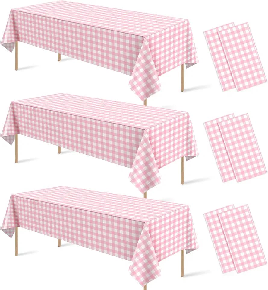 6Pcs Pink Gingham Tablecloths, Checkered Party Table Covers 54x108 In