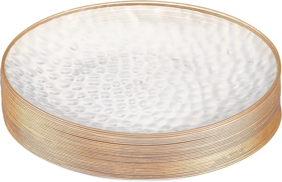 PLASTICPRO 30 Pack Hammered Plastic Plates Heavyweight Disposable Plastic Plates Elegant Clear Hammered Rim Platsic Party Dishes (Hamered Clear With Gold Rim, 10'' INCH PLATES)