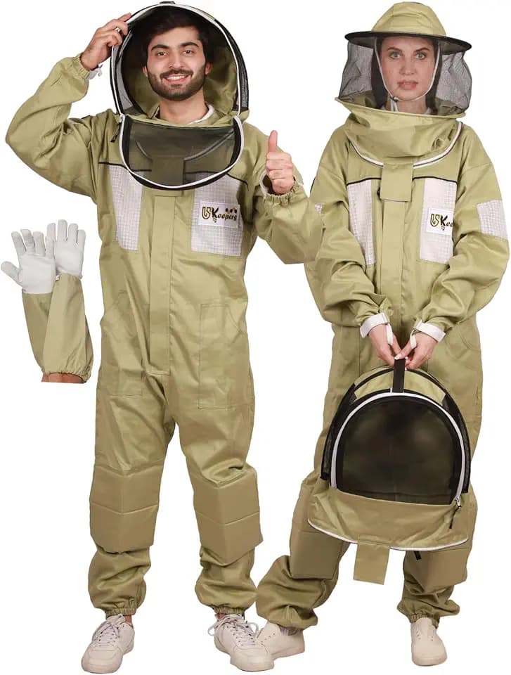 Ultra-Ventilated Polycotton Beekeeping Suit for Men & Women with Gloves & Two Beekeeping Veils-Professional & Beginner Apiarist Suit. (Olive,XL)