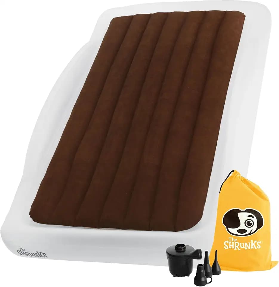 The Shrunks® aufblasbares Reisebett für Kinder ab 6 Jahren mit Rausfallschutz - Beflocktes Luftbett für Reisen, Übernachtungen, Camping - Weiß/Braunes Beistellbett auf Reisen oder zu Hause 200x110cm