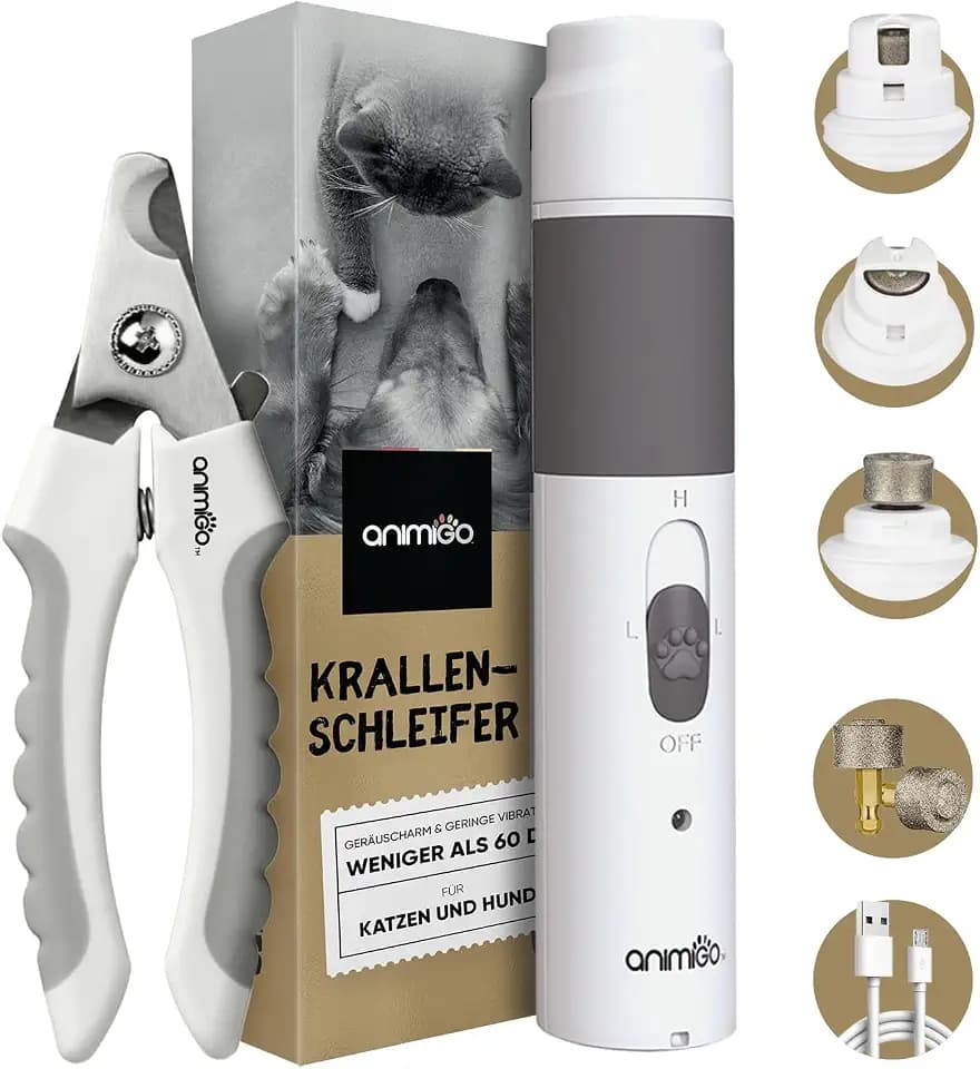 animigo Krallenschleifer für Hunde & Katzen mit Krallenschere - Verschiedene Diamantkopf Größen - Elektrischer Nagelknipser - Motor mit 2 Geschwindigkeiten & USB Anschluss - Für alle Krallengrößen