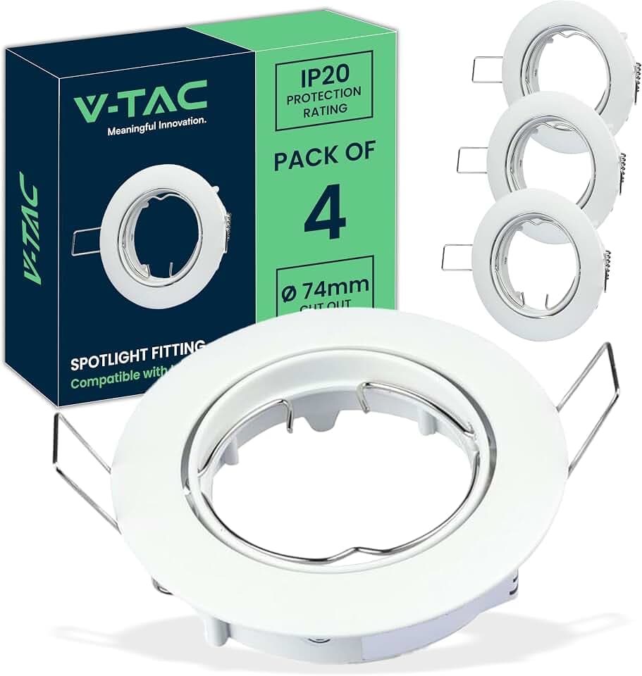 V-TAC 4x LED Einbaustrahler Schwenkbar aus Aluminium für GU10-Spot - 4 Stück - Einbauausschnitt 74 mm - Rundrahmen für Leuchtmittel für Gipskarton, Holz, Regale, Haus - Ø82 x 25mm