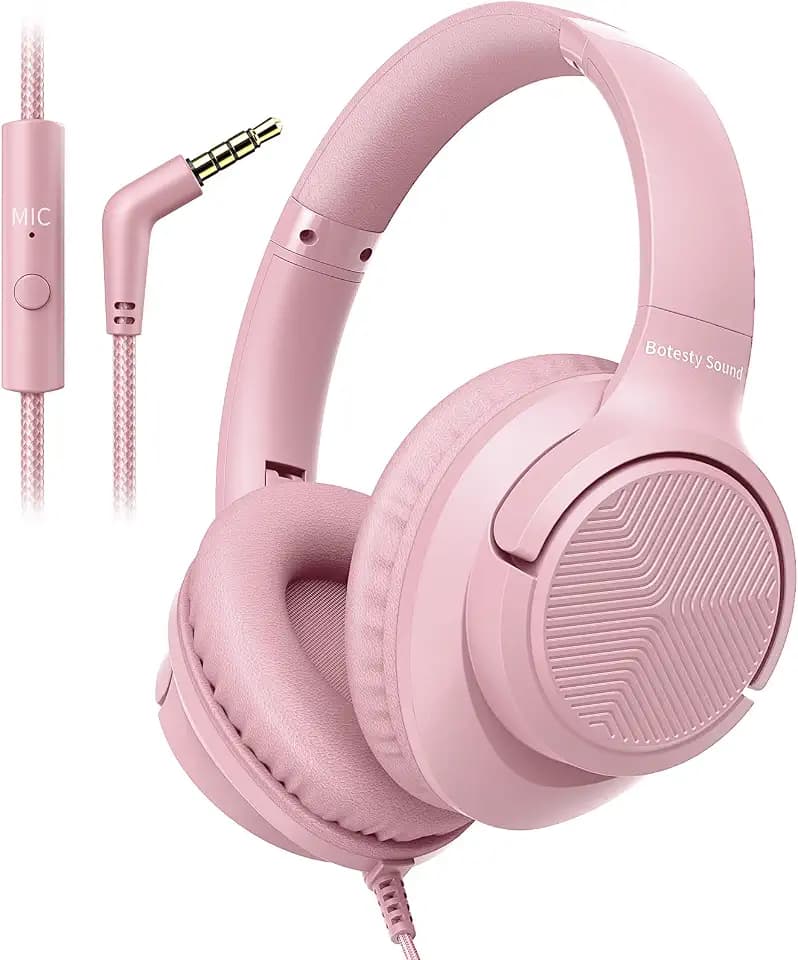 Botesty Sound Wired Headphones with Microphone for School, 3.5mm Plug Pink
