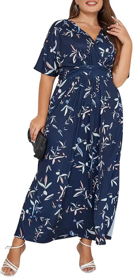 Keluummi Women's Plus Size V Neck 3/4 Sleeve Empire Waist A-Line Maxi Dress