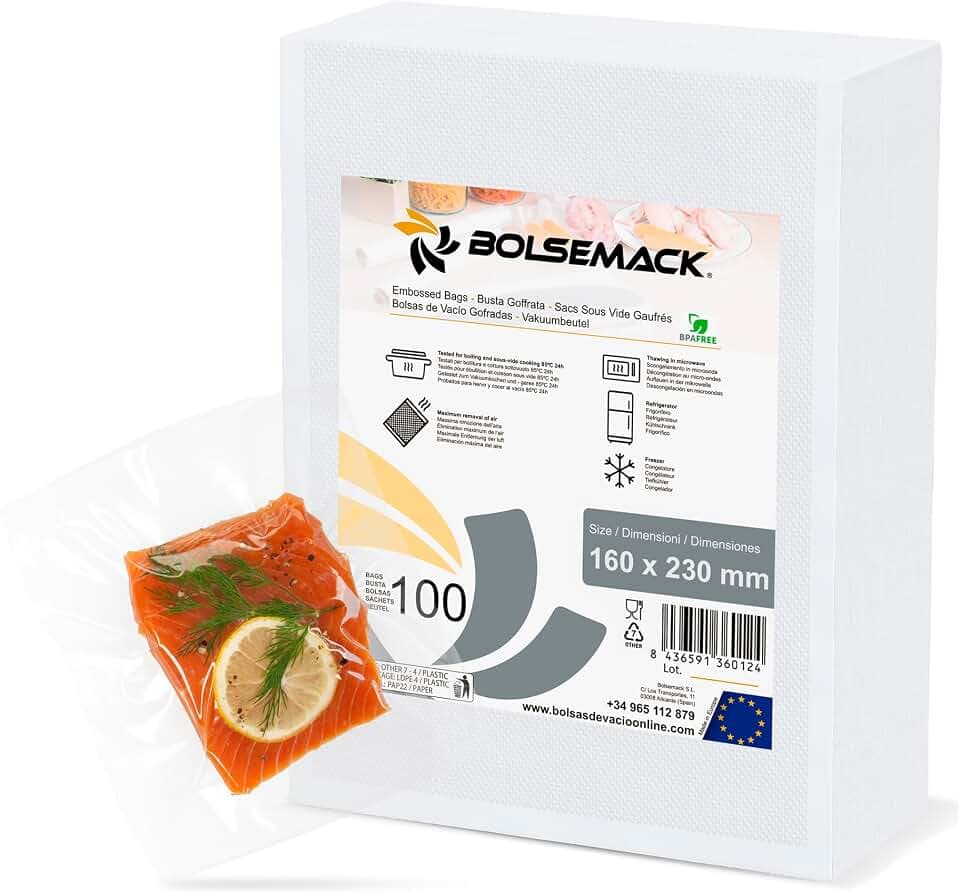 BOLSEMACK Vakuumierbeutel 16x23cm - Vakuumbeutel 100 Stück für alle Vakuumierer & Lebensmittel Vakuumiergerät - Vacuum bags sehr stark & reißfest - Vakuumbeutel lebensmittel BPA-frei