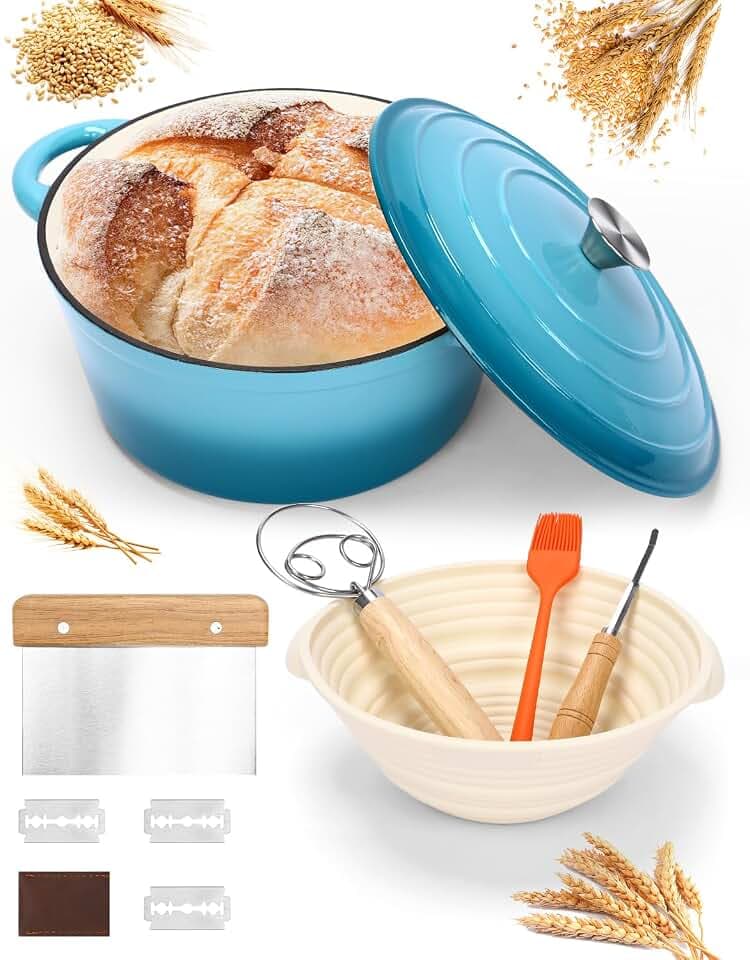 Gusseisen Topf Brot Backen, Schmortopf Gusseisen Topf mit Deckel, Dutch Oven Brotbacktopf mit Gärkorb Einschneider Teigmischer Brotbackform für Schmoren, Braten, Sauerteig Starter Set, Blau