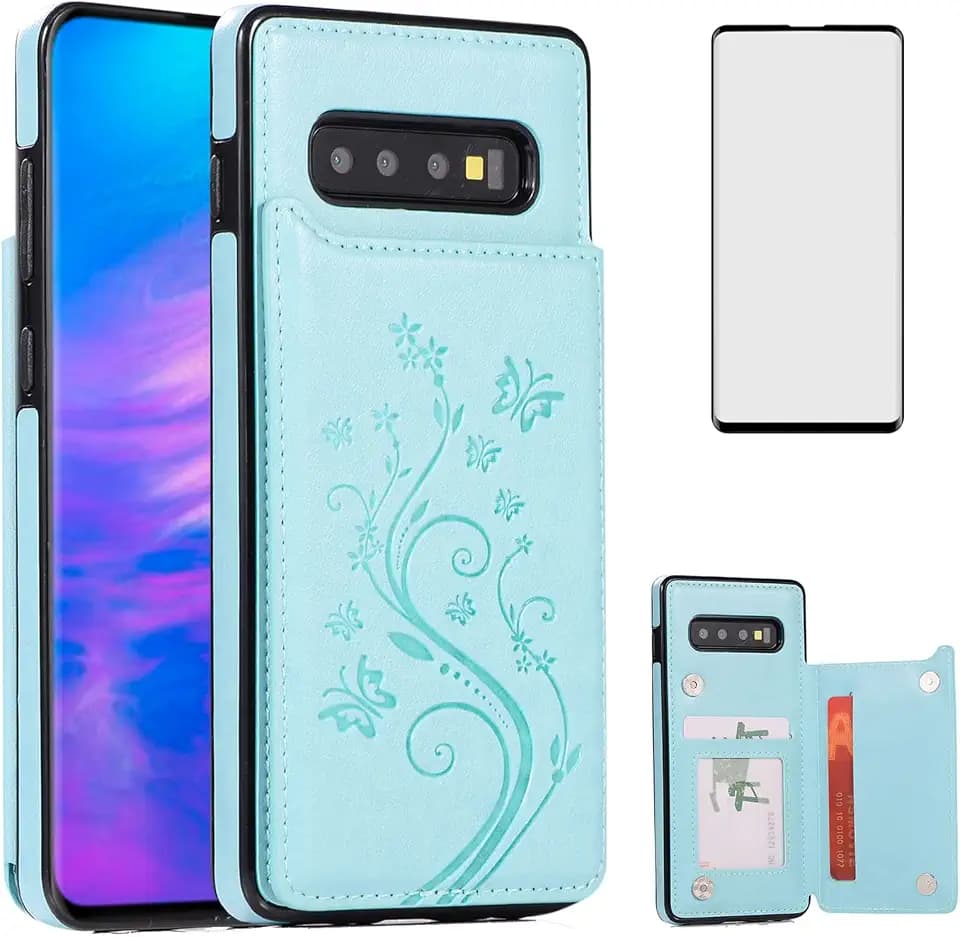 Phone Case for Samsung Galaxy S10 Plus with Tempered Glass Screen Protector and Card Holder Wallet Cover Stand Flip Leather Cell Accessories Glaxay S10+ 10S S 10 10plus S10plus Cases Women Girl Green