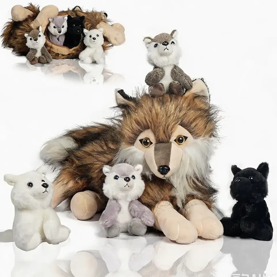 5 Pcs Wolf Stuffed Animal Plush Set, 16" Large Mommy Stuffed Wolf Plush Toy with 4 Cute Babies Wolves Inside, Realistic Furry Wolf Plushies with Pups for Kids Boys Girls Christmas Birthday Gift