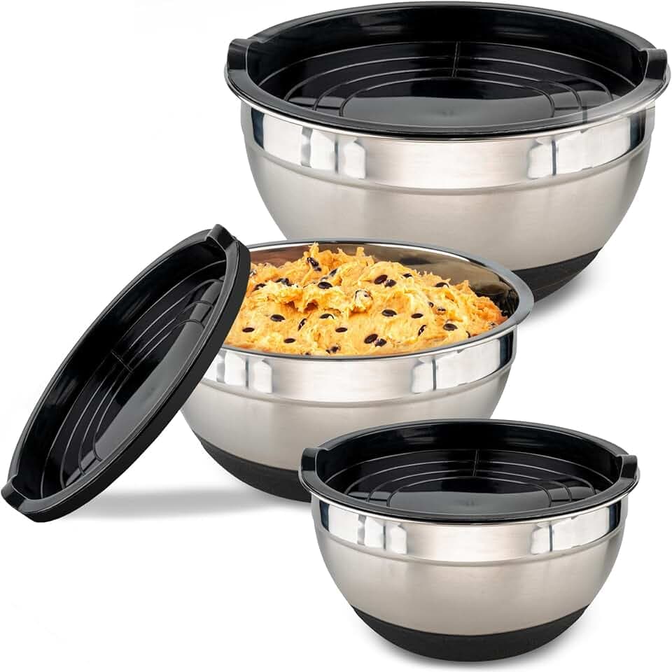 Praknu 3 Edelstahl Schüssel Mit Deckel Set - Rutschfeste Rührschüssel Groß - Luftdicht - Mit Messskala - Platzsparend - Ideal zum Mischen