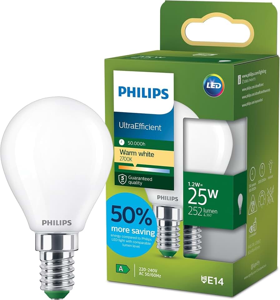 Philips LED UltraEfficient Frosted P45 Glühbirne, E14 kleiner Edison-Schraubverschluss, Energieklasse A, 252 lm, entspricht 25 W, warmweiß (2700 K), EyeComfort, 50.000 Stunden, 1 Packung