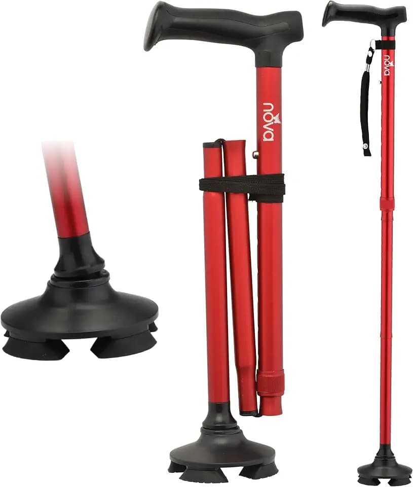 NOVA Foldable Quad Cane for Seniors, Self Standing Adjustable Walking Cane with Pivoting Quad Tip, Lightweight Collapsible Mobility Aid, Bonus Carry Pouch & Replacement Tips, Red