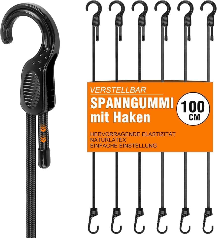 Verstellbar Spanngummi Mit Haken 100 cm, 6 Stück Robuste Expander Gummiband Mit Haken Ladungssicherung für Camping, Sonnensegel, Tarpaulins, Abdeckplane Fahrrad, Auto, Dachträger