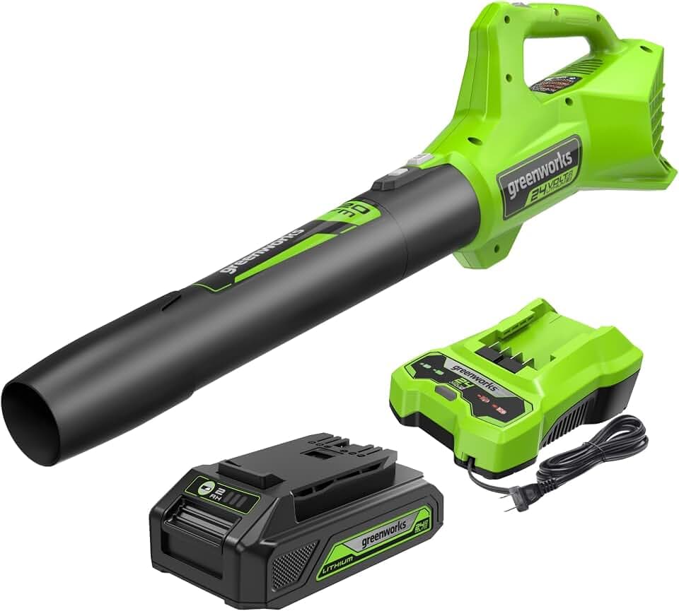 Greenworks 24V Cordless Leaf Blower, 320 CFM, 2.0 Ah Battery and Charger