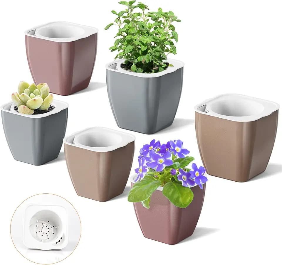 Indoor Plant Pots - Self Watering Planters - Pack of 6, 5" & 7" African Violet/Orchid Pots - Champagne Gold - Silver - Rose Gold