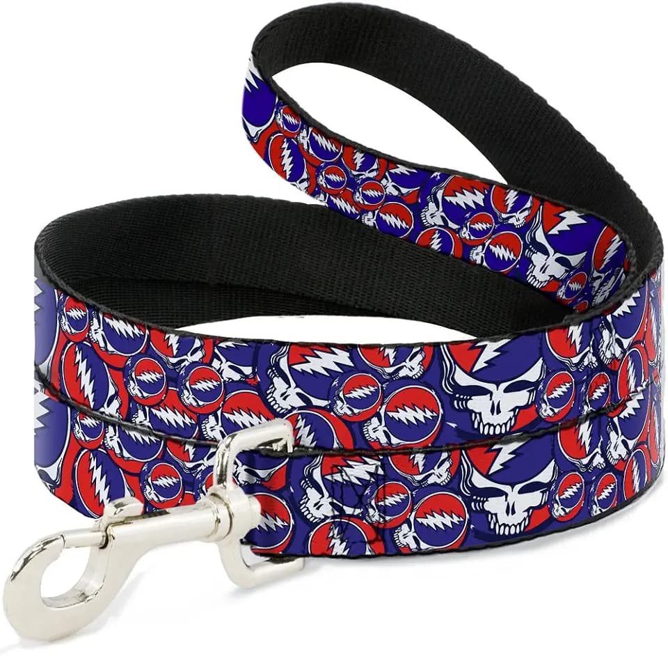 Grateful Dead Pet Leash, Dog Leash, Steal Your Face Stacked Red White Blue, 6 Feet Long 1.5 Inch Wide