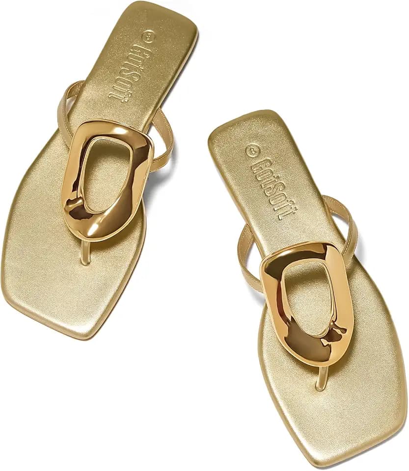 Women's Flat Sandals Square Toe Metal Decoration Flip Flops Shoes