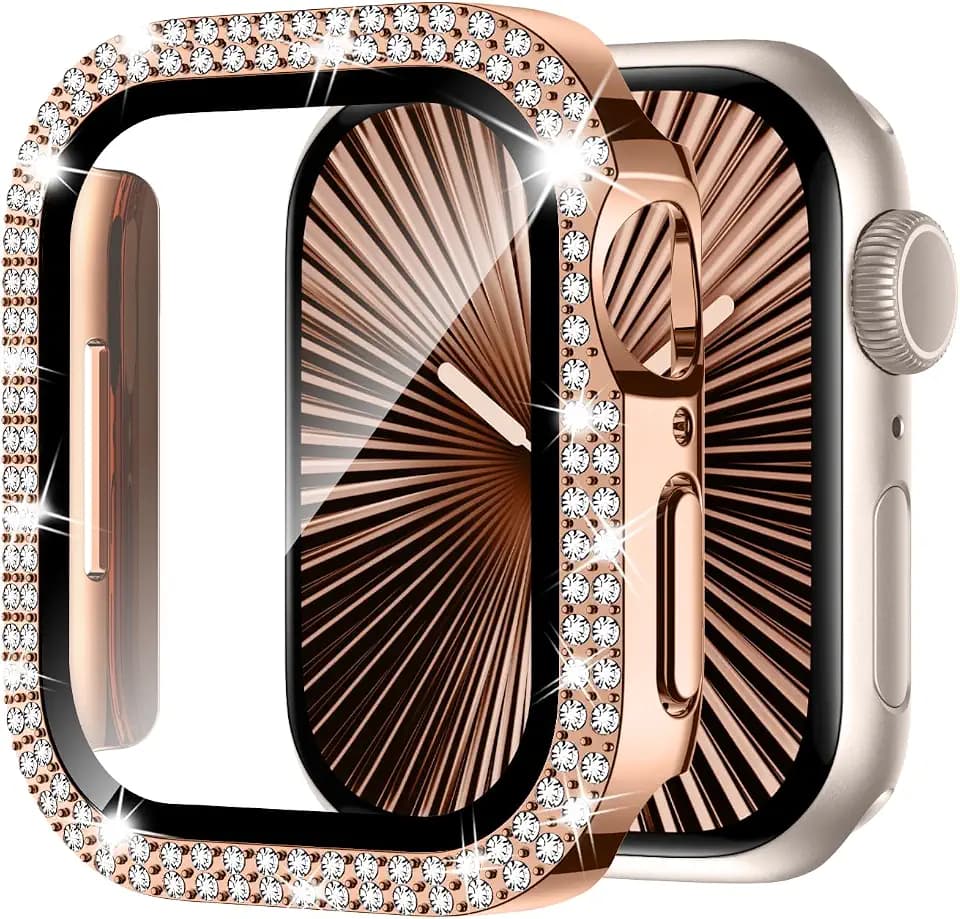 Adepoy Compatible for Apple Watch Case Series 11/10 46mm with Tempered Glass Screen Protector, Double Bling Case Crystal Diamonds Rhinestone Bumper Overall Hard PC Ultra Protective Cover For iWatch 46