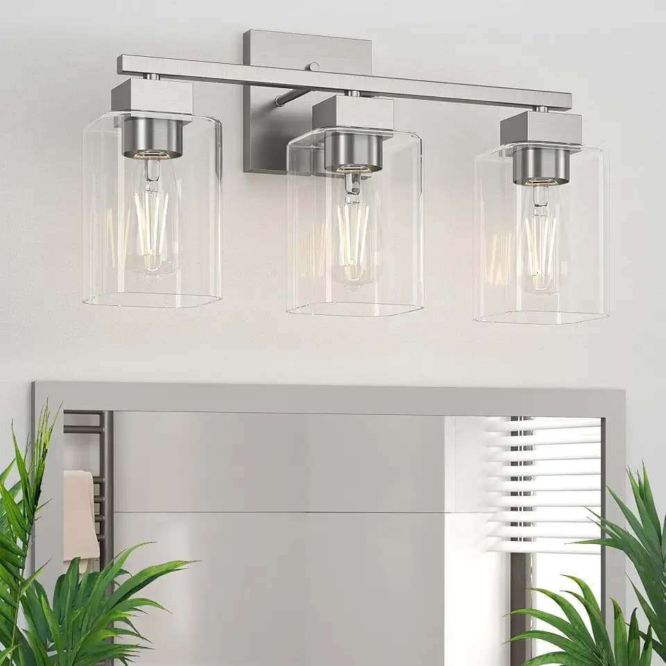 Brush Nickel Bathroom Vanity Light - 3 Light Bathroom Light Fixture Square Design & UL Certification & Square Bath Room Lights Fixture Over Mirror