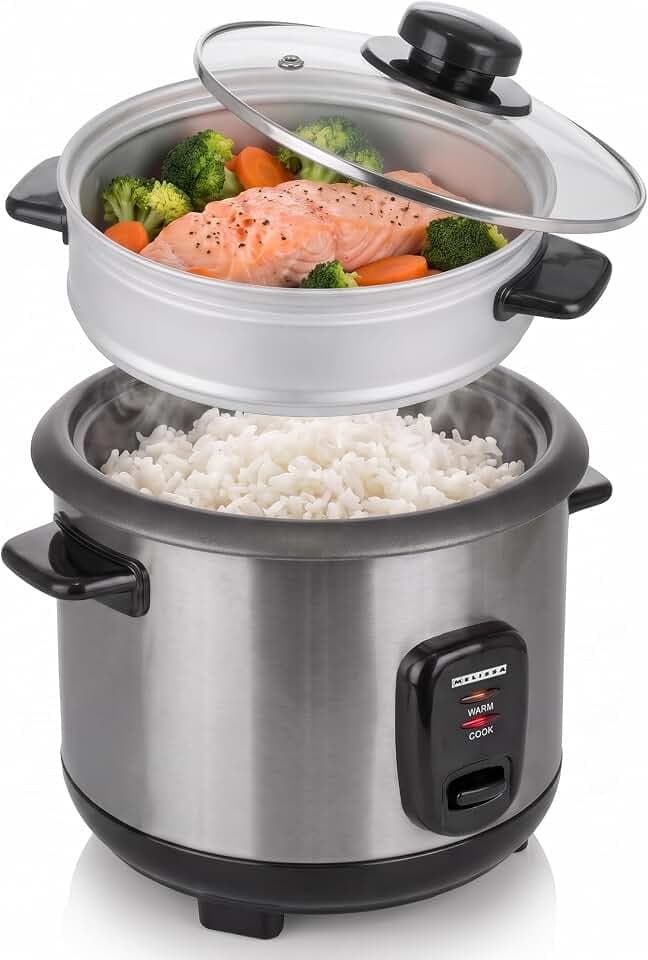 Melissa Reiskocher 1,5 L - 500 W Edelstahl-Reiskocher mit Antihaft-Innentopf, Dämpfkorb für Gemüse & Fisch, Glasdeckel, Warmhaltefunktion 70-75 °C, Kochtrockenschutz, inkl. Messbecher & Löffel