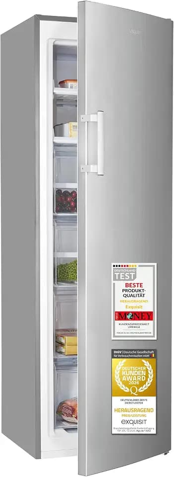 Exquisit Gefrierschrank | 204 l Nutzinhalt, Energieklasse C, 39 dB, hoch, inoxlook | No Frost, Schnellgefrieren, elektronische Temperaturregelung, LED | GS5271-NF-H-040C inoxlook