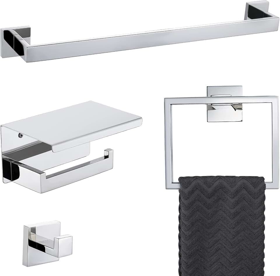 4-teiliges Badezimmer-Hardware-Set, Chrom, Badetuchstange, Halter-Sets, Wandmontage, Edelstahl, quadratisch, Badezimmer-Zubehör-Set, poliertes Chrom, 60 cm
