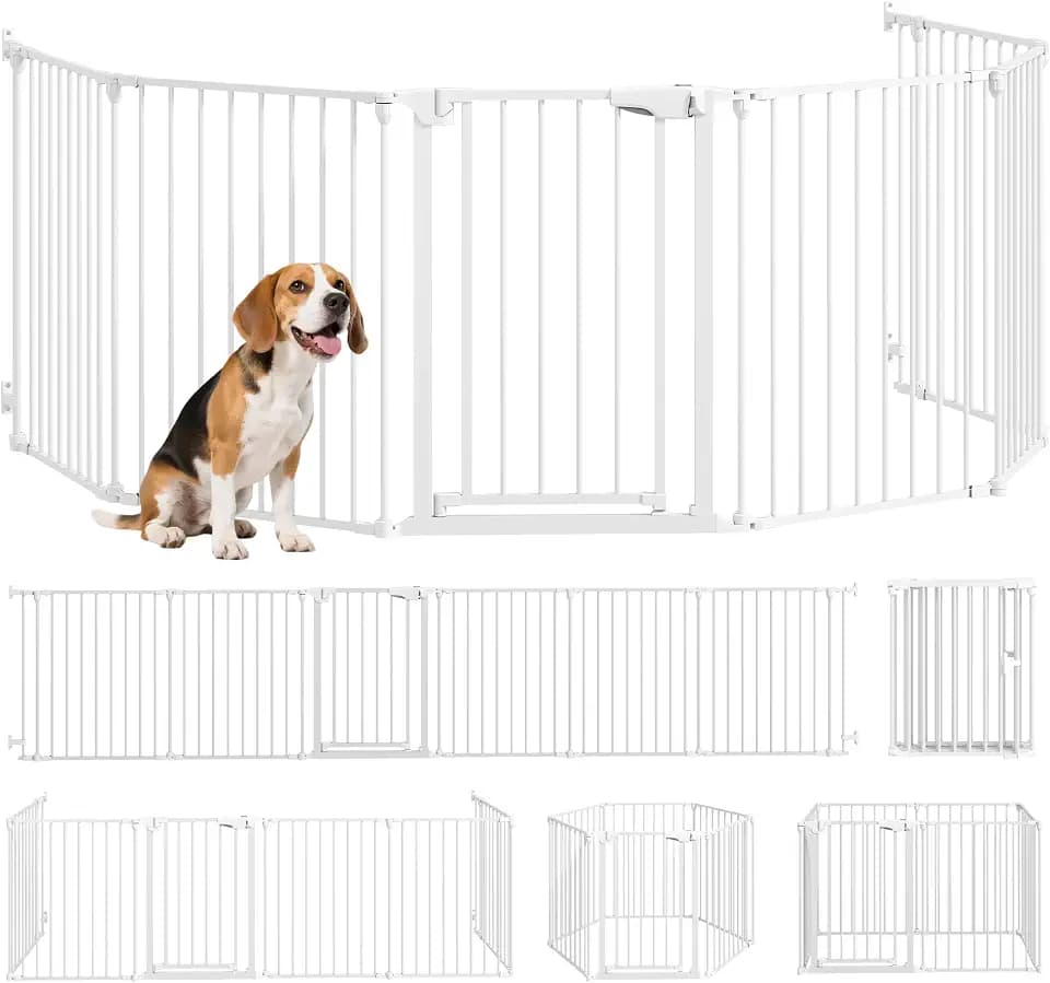 PawHut Faltbares und modulares Sicherheitsgitter, 366 cm, mit Tür mit doppelter Verriegelung, Laufstall für Hunde und Kinder, Schutzgitter für Kamine, Metall, 6 Paneele, Weiß