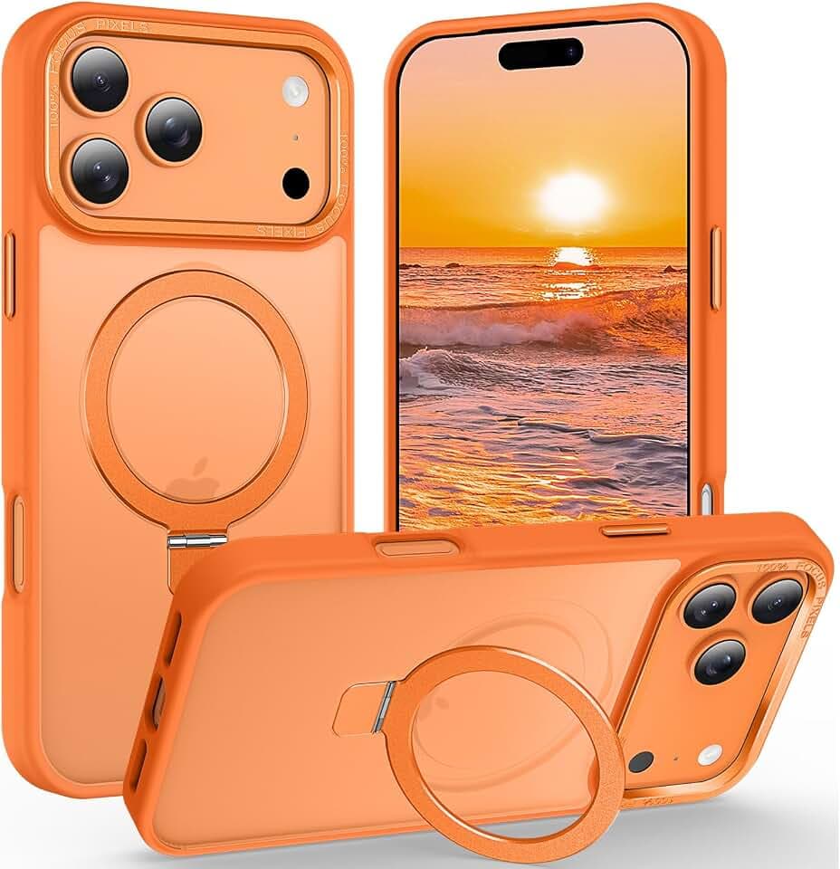 Magnetic for iPhone 17 Pro Case with Ring Stand, [10 FT Drop Protection] [Velvety Touch] Slim Translucent Matte Back Shockproof Phone Case for iPhone 17 Pro 6.3'', Orange