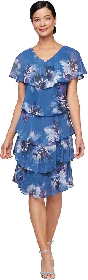 S.L. Fashions Women's Short Sleeve Floral Tiered Chiffon Cocktail Spring/Summer, Wedding Guest Dress