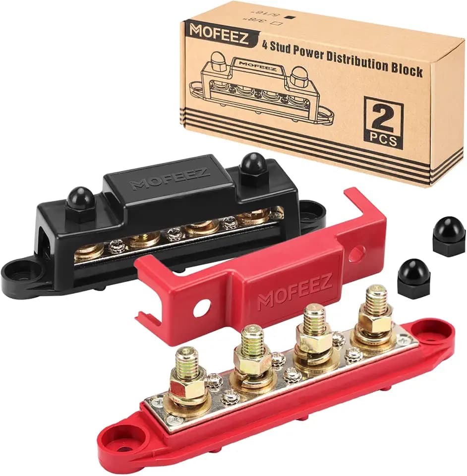 MOFEEZ Power Distribution Block Bus Bar, 4 x 3/8" Posts, 6 x #8 Screws Terminals, Max 48V 250A (Pair, Red & Black)