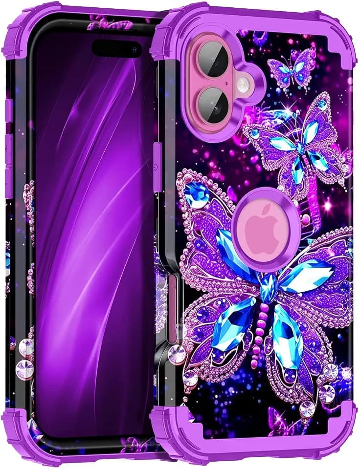 Hekodonk for iPhone 16 Case,Glow in The Dark Three Layer Heavy Duty Shockproof Protection Hard Plastic+Soft Silicone Full Body Drop Protective Case for Apple iPhone 16,All Purple