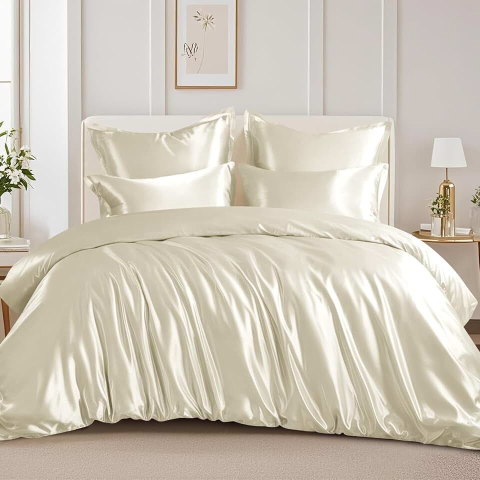 RUIKASI Satin Bettwäsche 200x220 Beige - Seidig Luxus Bettbezug mit Glanz wie Seiden Bettwäsche Set für Haar und Haut, Glänzend Bettwäsche 200x220cm mit Reißverschluss und Kissenbezug 80x80cm