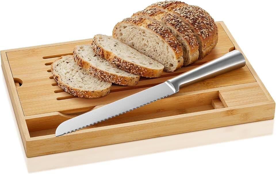 FOHERE Brotschneidebrett Aus Bambus Mit Krümelfach, Brotmesser Inklusive