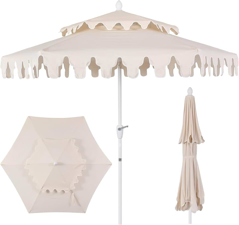 JONATHAN Y Fletcher 8.5' Coastal Double-Tiered Castle Market Patio Umbrella with Auto-Tilt Crank and Fringe, UV 50+ Protection for Garden and Pool