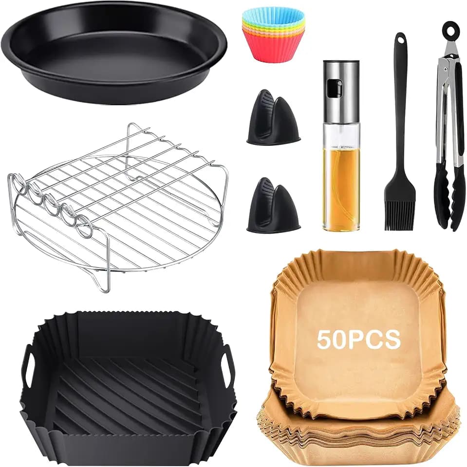 Heißluftfritteuse Zubehör,XXL Airfryer Zubehörnur für COSORI 5,5L, Philips Airfryer 6,2L, Inklusive Silikonform & Backpapier & Heißluftfritteusenrost & Backform, BPA-frei (14-Stücke)