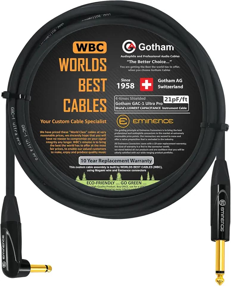 WORLDS BEST CABLES 10 Foot - Gotham GAC-1 Ultra Pro - Premium, Low-Capacitance Guitar Bass Instrument Cable - with Straight to Angled 1/4 Inch Eminence Gold Plated Connectors