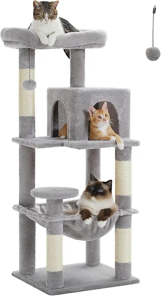 PAWZ Road Kratzbaum groß 116cm, stabil für große Katzen mit Hängematte | Kratzbaum 116 cm, stabil mit dicker Bodenplatte, Plüsch-Hängematte, 6 Ebenen, Sisal-Kratzpfosten, 2-türiges Katzenhaus, Grau