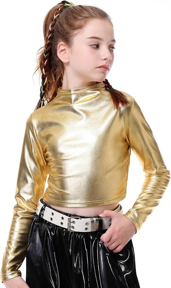 LOLANTA Metallic Cropped Top für Mädchen, halber Rollkragen, funkelndes Tanzshirt für Hip-Hop, Disco, Bühne & Party