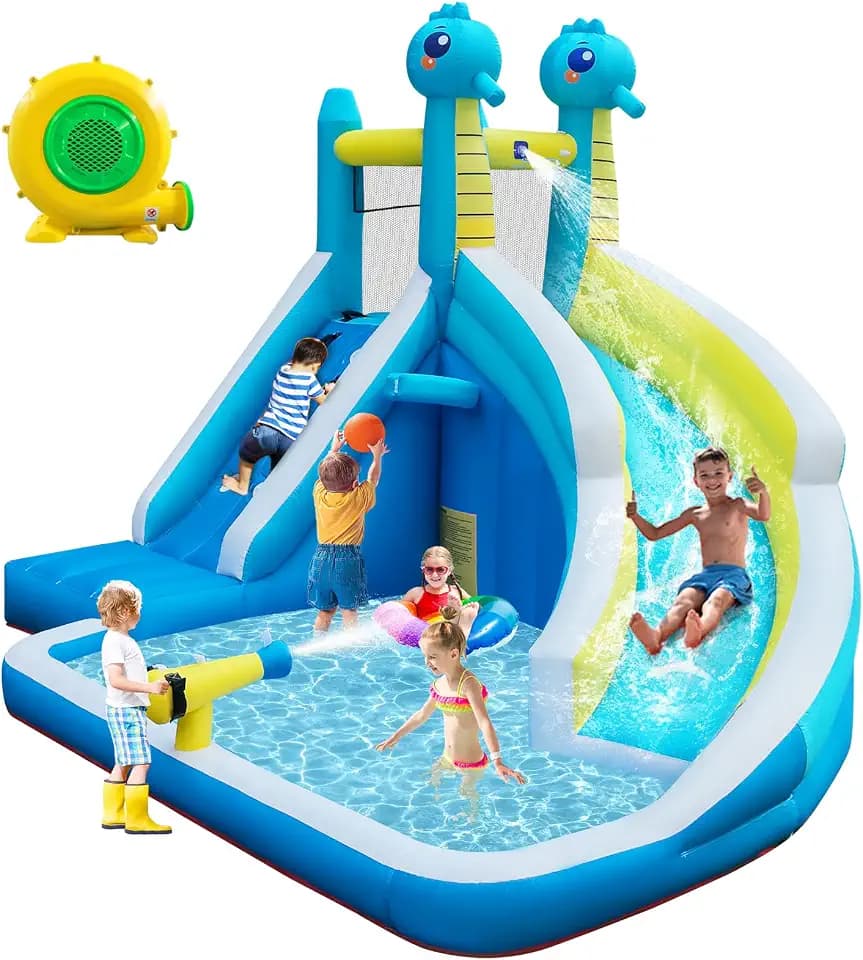 Inflatable Water Slide, 5-in-1 Seahorse Water Park with 480W Blower