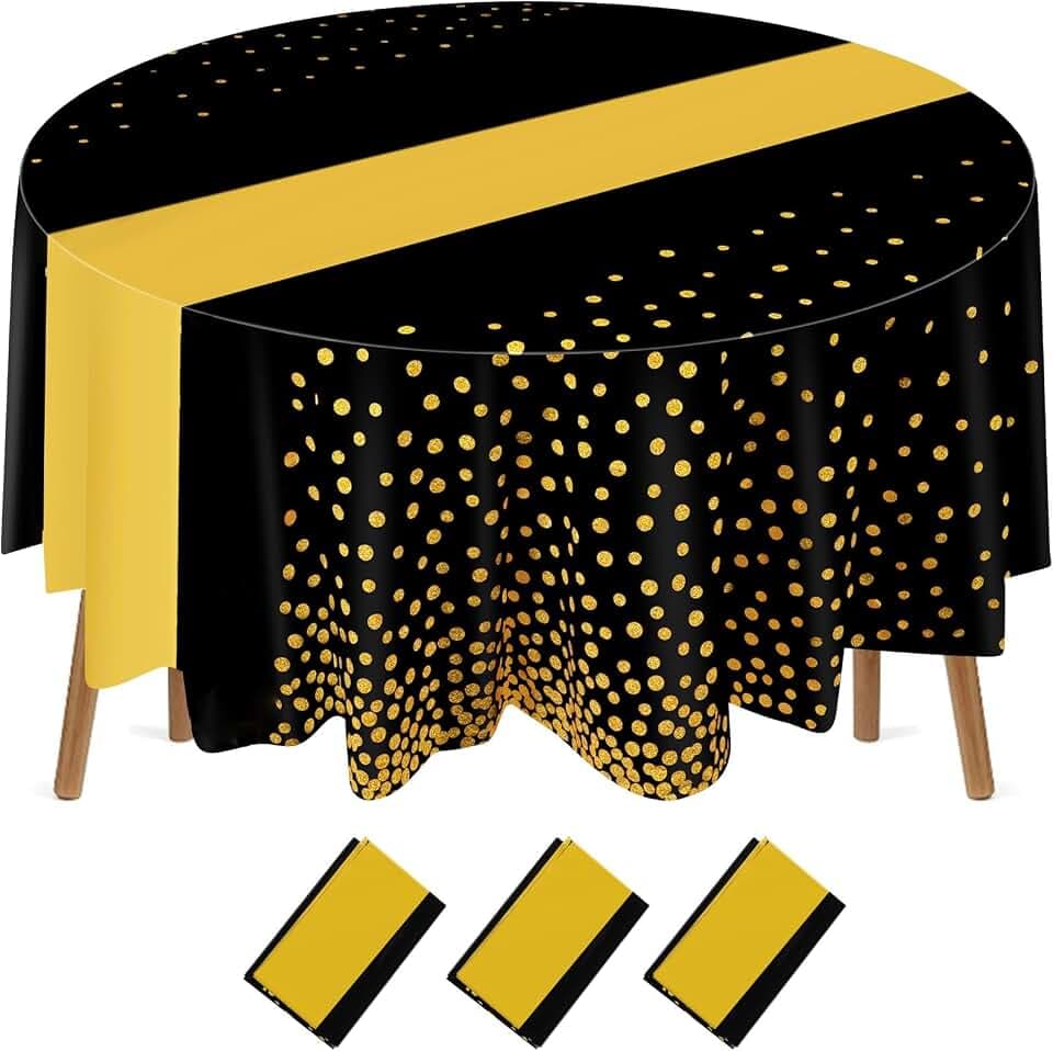 Newwiee 84inch Round Disposable Polka Dot Cover, Black, Gold, 3 Pcs