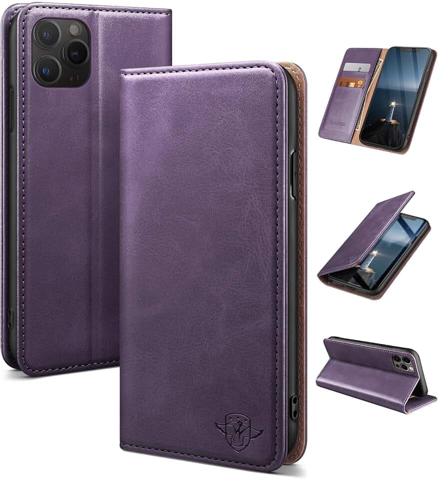 für Handyhülle iPhone 13 Pro 6.1" Hochwertige magnetische Klapphülle aus Leder mit RFID-blockierendem Kartenfach verstellbarem Ständer und 360°Fallschutz kompatibel mit Apple 13 Pro Violett