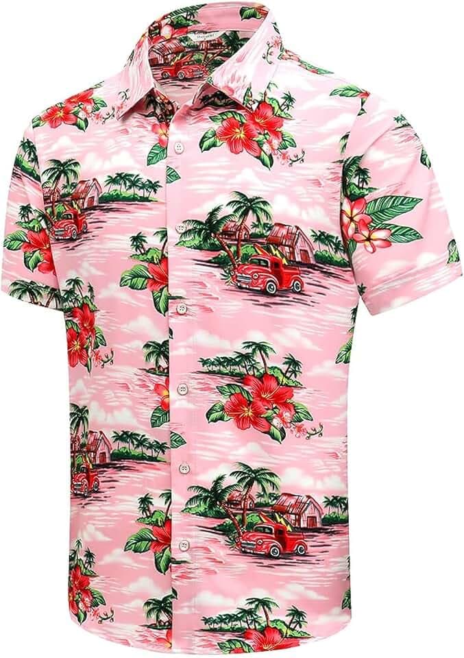 SheLucki Hawaiian Shirt for Men, Unisex Summer Beach Casual Short Sleeve Button Down Shirts, Printed Palmshadow Clothing
