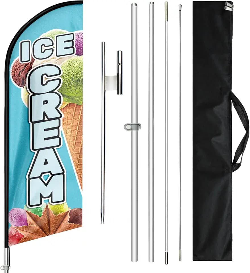 Ice Cream Flag, 11FT Windless Feather Flag with Aluminum Alloy Flagpole, Stainless Steel Ground Stake, Portable Bag, Ice Cream Signs for Business Advertising